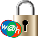 ウェブアットホームの個人情報保護方針（ウェブアットホームはお客様の個人情報を保護します。）をイメージした画像です。ウェブアットホームの個人情報保護方針のイメージ画像は、ロックの掛かった金色の施錠の向かって左下にウェブアットホームのロゴが重なっています。ウェブアットホームのロゴは向かって左から青・緑・オレンジの半円が順に重なり、その上に左からW,@,hが白色の文字で表示されています。