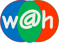 ウェブアットホームのロゴです。ウェブアットホームのロゴは向かって左から青、緑、オレンジの半円が順に重なり、その上に左からW,@,hが白色の文字で記載されています。